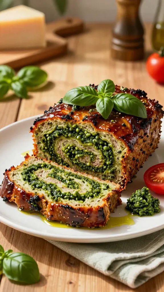 Create a high-resolution, photorealistic image of an Italian Pesto Meatloaf centerpiece plated on a rustic wooden table. The loaf is sliced to reveal vibrant green pesto swirls inside, with glossy, caramelized edges and a slightly herb-speckled crust. Place thin ribbons of bright emerald pesto across the top and a small quenelle of fresh basil pesto on the side as a garnish. Surround with warm-toned elements to evoke a sunny summer kitchen: a light drizzle of olive oil catching the light, a few fresh basil leaves, and a halved cherry tomato for color contrast. Use natural, soft daylight from the left to create gentle shadows and depth, emphasizing the moist texture of the meatloaf and the sheen of the pesto. Style the plate with a simple, clean white surface underneath and a subtle, textured linen napkin in muted green or cream to complement the pesto. In the background, include out-of-focus hints of a wooden countertop, a parmesan shard, and a pepper mill to convey a homestyle Italian mood, but keep the main subject crisp and centered. Ensure there are no text elements, no branding, and no grayscale—only rich, true-to-life colors: vibrant greens, warm browns, and fresh reds. The composition should feel inviting, comforting, and photographically polished, suitable for a recipe feature image.