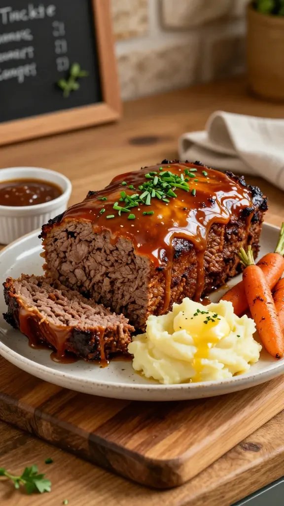 Create a hyper-realistic photographic scene of a Classic Comfort Meatloaf with a Twist as the main subject, presented on a rustic wooden kitchen counter. The meatloaf should be a perfectly shaped, glossy, half-sliced loaf with a rich, caramelized glaze cascading over the top and down the sides, highlighting a juicy, tender interior. Garnish with a delicate sprinkle of finely chopped fresh herbs (parsley and chives) for a pop of green and an aromatic hint. Surround the meatloaf with cozy, inviting sides: buttery mashed potatoes swirled with a touch of cream and a pat of melted herb butter, roasted baby carrots with a light glaze, and a small ramekin of the silky glaze for dipping. Include a soft, warm lighting setup to emphasize the meat’s moist texture and the glaze’s sheen, with gentle shadows that add depth without overpowering the scene. The plate should be a rustic, off-white ceramic with a subtle speckle, set on a wooden board that shows natural grain and warm tones. In the background, a hint of a cozy kitchen: a blurred stone wall, a chalkboard-style recipe note with faint herbs, and a linen napkin folded casually. The overall composition should feel inviting, homey, and wholesome, evoking the sense of a comforting dinner ready to be served. Ensure the meatloaf is the focal point, centered on the plate, with the glaze catching the light to enhance its glossy texture. No text or logos on the image. High-resolution realism, 8K quality if possible, with precise color accuracy to depict the rich browns, golden glaze, creamy potatoes, and vibrant green herbs. The scene should convey warmth, comfort, and a modern twist on a timeless favorite.