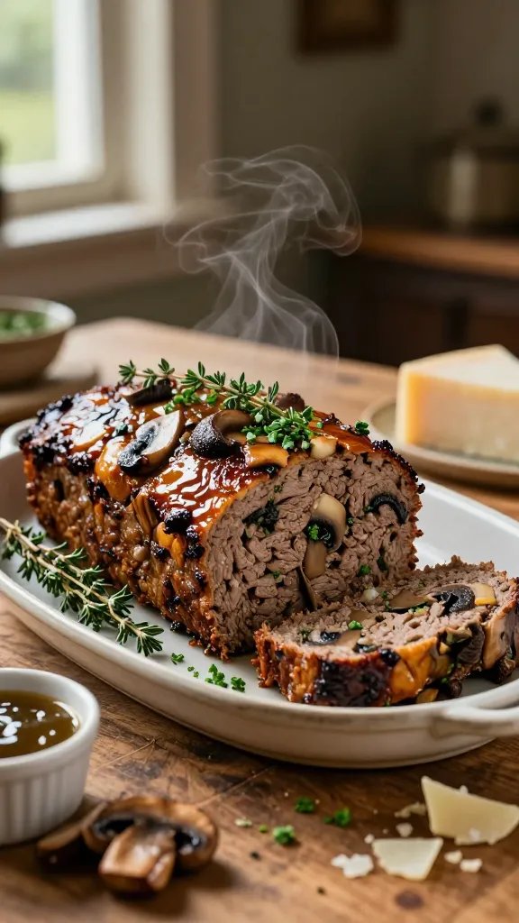Create a hyper-realistic, high-quality food photography prompt featuring a Mushroom and Herb Meatloaf as the central subject. The scene should evoke a cozy, woodland atmosphere with earthy tones and natural textures. The meatloaf sits plated on a rustic ceramic, slightly oval baking dish turned platter, resting on a worn wooden table with subtle fork marks and a soft, warm bokeh background that hints at a kitchen hearth or cottage dining room. The meatloaf itself is a thick, perfectly shaped loaf with a rich, caramelized crust speckled with finely chopped mushrooms visible through the crust, and a glossy glaze that hints at moisture inside. Slice a portion to the side to reveal a tender, juicy interior studded with visible chunks of mushroom, herbs, and small bits of onion, rendered with high realism to show marbling and moisture beads. Garnish with fresh thyme sprigs and a light dusting of finely chopped parsley for bright green contrast. Surround the plate with complementary elements: a small ramekin of tangy glaze on the side, a few sautéed mushroom caps, and a wedge of sharp white cheddar or parmesan flakes to echo the earthy profile. Lighting should be natural but warm, coming from a soft side window to create gentle shadows and highlight the loaf’s texture, with a shallow depth of field that keeps the meatloaf in razor focus while softly blurring the background. The color palette should emphasize earthy browns, forest greens, and warm golden crust tones. Composition should be clean and balanced: the meatloaf centered or slightly off-center on the plate, with generous negative space to convey a premium, restaurant-quality presentation. Include subtle, realistic steam rising from the meatloaf to convey freshness, but avoid overbearing steam that obscures detail. Ensure no visible text on the image. The shot should resemble a professional food editorial photograph: high-resolution, natural color grading, and meticulous attention to the interplay of textures—crust, moist interior, herbs, and mushroom inclusions. The overall mood communicates comfort and savoriness—like a woodland walk in loaf form—cozy, aromatic, and savory.