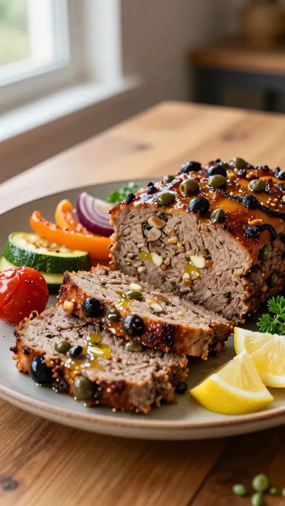 A high-resolution, photorealistic image of a Mediterranean garlic-olive meatloaf sliced for serving, plated on a rustic, warm-toned ceramic plate. The loaf should be rich and moist, with a slightly browned, caramelized crust studded with visible olives and capers, and specks of minced garlic and herbs throughout the interior. Arrange 3–4 evenly sized slices fanned slightly to reveal the tender crumb inside, with a glistening glaze that suggests olive oil and a light citrus glaze. Surround the meatloaf with a vibrant medley of roasted vegetables—roasted cherry tomatoes, zucchini ribbons, orange bell pepper, and red onion wedges—arranged in a loose, colorful cluster to evoke a sunny, Mediterranean scene. Add a small handful of fresh lemon wedges and a few sprigs of parsley or oregano for bright green contrast. The lighting should be natural, coming from a soft side window, creating gentle highlights and subtle shadows that emphasize moisture and texture. Background should be minimal and softly blurred with a warm kitchen or wooden table ambiance to suggest a home-cooked, comforting meal. The composition should be clean and balanced, with the meatloaf as the clear focal point, and the vegetables and lemon fragments framing it to convey pairing suggestions. Capture the dish in a close-up, medium-angle shot that reveals the crumb structure and olive specks, with a shallow depth of field to keep the focus on the meatloaf while maintaining a tasteful bokeh for the background. No text or branding on the image.
