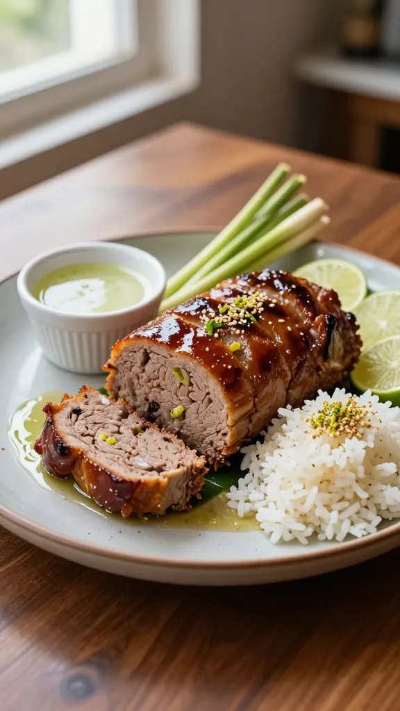 Create a high-resolution, hyper-realistic culinary photograph of a Thai-inspired lemongrass meatloaf centerpiece plated for a dinner setting. The main subject is a perfectly formed, glossy loaf sliced to reveal a tender, moist interior with specks of finely chopped lemongrass, lime zest, and coconut milk subtly visible in the crumb. Position the meatloaf at a gentle angle on a warm, neutral-toned ceramic platter with a shallow rim to catch light reflections, set on a dark wooden table for contrast. Surround the loaf with a delicate arrangement of complementary elements: a small ramekin of coconut-lime glaze brushed lightly over the top edges, a sprig of fresh lemongrass stems fanning out near the loaf, and thin lime-wheel slices tucked artfully beside it. Add a side serving of scented jasmine rice in a sleek, modern bowl, with a light dusting of finely grated lime zest and a whisper of toasted sesame seeds for texture. Drizzle a subtle, glossy coconut-cilantro sauce around the plate in an elegant, irregular swoosh to guide the eye, ensuring the sauce doesn’t overpower the loaf’s surface. The color palette should emphasize warm, earthy loaf tones contrasted with the bright greens of lime and lemongrass, and the creamy whites of coconut milk accents. Lighting is natural and diffused from a window, casting soft shadows and a gentle glow that highlights the loaf’s moist crumb and the sheen of the glaze. The composition should be clean and balanced with 60-40 foreground-to-background emphasis, keeping negative space minimal but present to emphasize the main dish. The image should have a cinematic feel with shallow depth of field: the meatloaf is in sharp focus, the jasmine rice bowl and lemongrass garnish slightly softened, and the background deliberately blurred but still hinting at a kitchen or dining setting. Ensure no text appears on the image. The overall mood is inviting, homey yet sophisticated, conveying a Thai-inspired dish that is exotic yet approachable, paired with jasmine rice to suggest a complete, balanced meal.