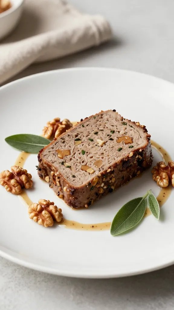 A photorealistic, high-quality culinary scene featuring a beautifully plated Walnut and Sage Meatloaf as the main subject. Centerpiece the meatloaf slice or formed loaf on an elegant, shallow white plate with a glossy finish, showcased at a slight angle to reveal its moist interior studded with chopped walnuts and flecks of emerald sage. Surround the slice with a delicate ring of earthy, herbaceous jus glazed lightly to enhance sheen. Garnish with a few toasted walnut halves and a few fresh sage leaves arranged artistically for color contrast. Include subtle plateware and surface textures: a softly blurred, neutral-toned linen napkin or placemat, and a clean wooden or slate countertop edge just out of focus to imply a refined kitchen setting. Lighting is warm and ambient, coming from the top left to emphasize the loaf’s crumb structure and the sheen of the glaze, with gentle shadows that define volume. The meatloaf should appear moist and tender, with visible specks of walnuts and green sage within the meat, suggesting a luxurious, holiday-worthy preparation. The overall composition is minimalistic and elegant: one to three main subjects (meatloaf slice on plate, a small garnish of sage, a few walnut halves) with a white or light neutral background implied by the plate’s negative space, ensuring no text or branding is present on the image. The color palette subtly emphasizes natural browns, creamy interior, toasted walnut tan, and sage green, all rendered in high realism to evoke a premium dinner presentation. The shot should be a high-resolution close-up/near-food-porn style but refined for a sophisticated cookbook aesthetic, with meticulous texture detail on the meat, walnuts, and glaze, and a shallow depth of field to keep focus on the main subject while softly blurring the background. No captions or words in the image.