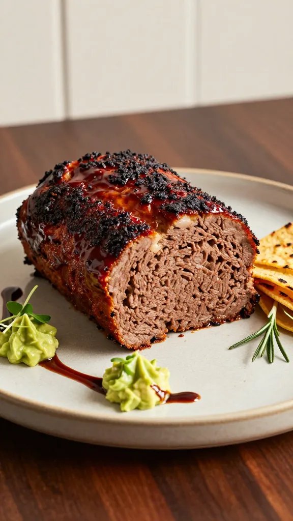 Create a hyper-realistic, high-quality food photograph of a Smoky Chipotle Meatloaf centerpiece styled for a premium dinner plate. The main subject is a perfectly formed, glossy-meatloaf loaf sliced to reveal a tender, moist interior with a rich, deep brown crust accented by a subtle reddish chipotle glaze. Position the loaf on a warm, neutral-toned ceramic plate with a slight rustic texture, resting on a dark wooden table to enhance contrast. Arrange three to four small, complementary elements: a quenelle of avocado crema or a drizzle of smoky chipotle glaze to echo the flavors, a small stack of lightly charred corn tortillas or a rosemary sprig for color, and a few microgreens for freshness. Lighting should be soft and natural from the left, creating gentle shadows and a slight sheen on the glaze, highlighting the loaf’s crust and juicy interior. The background should be clean and minimal to keep focus on the dish, with a shallow depth of field to subtly blur the backdrop while keeping the meatloaf in razor-sharp focus. Texture details should emphasize the loaf’s crumb structure, the glossy glaze, and the smoky, seasoned crust. Color palette: warm browns, deep amber glaze, with hints of green from microgreens and avocado crema. Plateware should be modern yet rustic, with a matte finish that complements the loaf’s glaze. Ensure no text or branding is visible on the image. The composition should be balanced with the meatloaf as the focal point, slightly angled to reveal its cross-section, and a small, complementary garnish placed off to one side to create visual interest without clutter.
