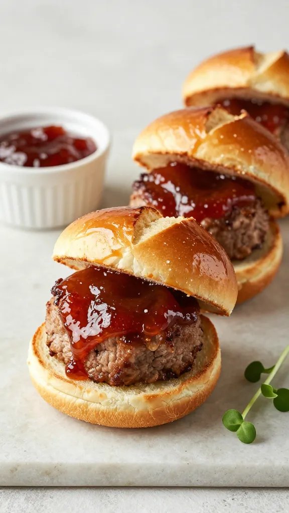 Create a high-resolution, hyper-realistic food photography shot of a row of three glossy meatloaf sliders perched on mini pretzel buns, each slider topped with a shimmering sweet-heat jam glaze that catches the light to create a luscious, caramelized sheen. Plate the sliders on a clean, neutral slate board with a subtle textural backdrop, and accent with a small ramekin of extra jam and a few delicate microgreens for color contrast. Use soft, diffused natural lighting from the side to emphasize the juiciness and glaze gloss, with a shallow depth of field that keeps the sliders in razor-focused detail while gently blurring the background. Ensure the main subject is clearly the meatloaf sliders, captured from a slightly elevated angle to showcase the stacked bite-sized portions and the glossy jam. No text or branding on the image.