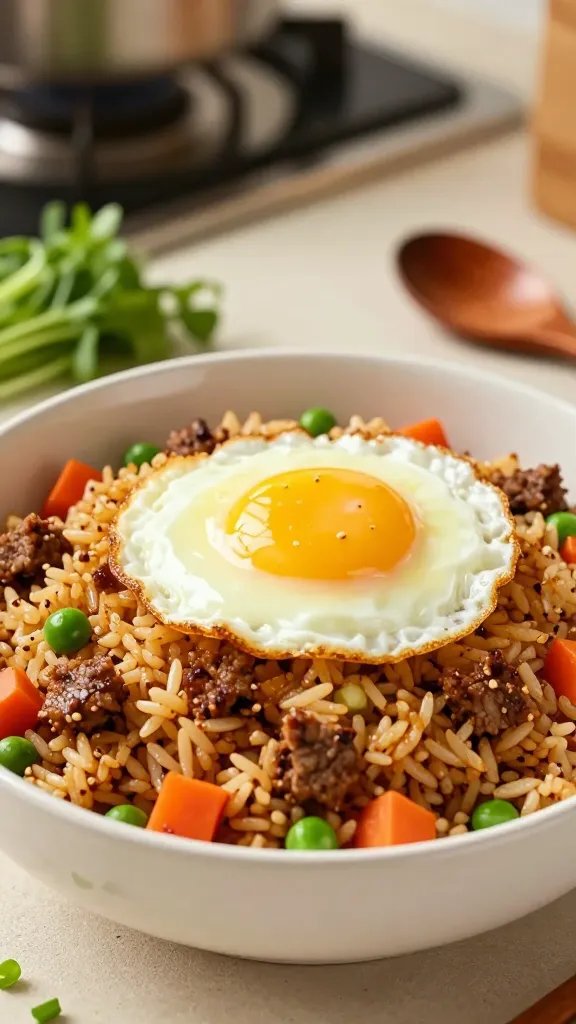 Create a photorealistic, high-resolution image of a cozy meatloaf fried rice bowl as the main subject, plated in a warm, inviting kitchen setting. The composition centers on a glossy, shallow white ceramic bowl filled with fluffy, steaming fried rice speckled with crumbled bits of meatloaf, small bright green peas, and diced orange carrots, with a perfectly folded, glossy egg fried on top forming a smooth, golden sheen. The rice grains should appear separate and fluffy, with subtle sesame seeds and a light soy glaze giving a caramelized finish. Surround the bowl with a few fresh greens (such as sliced scallions or microgreens) for color contrast, a wooden spoon resting nearby, and a softly blurred background that hints at a homey stovetop or countertop. Lighting should be warm and natural, highlighting the textures—juicy meatloaf crumbles, tender rice, crisp vegetables, and the glossy egg—without harsh reflections. No text, no logos. The overall mood: comforting, practical, and appetizing, as if served for a cozy weeknight dinner.