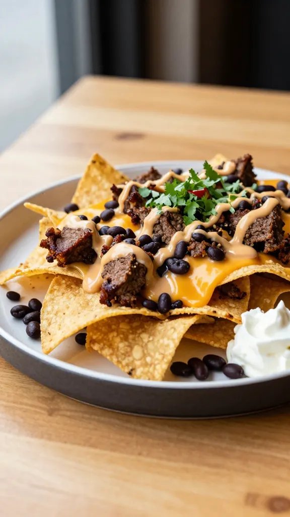 A hyper-realistic food photography prompt: Capture a dramatic, high-contrast plated dish of Meatloaf Nachos Supreme as the main subject. Arrange crisp tortilla chips in a generous heap on a round, rustic white plate with a subtle charcoal rim. Scatter crumbled, caramelized meatloaf pieces evenly across the chips, forming a hearty meatloaf topping. Create layered melted cheese lines weaving through the meat, with a generous, glossy queso-like sauce drizzled in an artistic zigzag over the top. Add a handful of plump black beans sprinkled around for color and depth. Ambient natural light from the left, with shallow depth of field to softly blur the background, emphasizing textures: the crunch of chips, the crumbly meatloaf, and strings of melted cheese. Include small, fresh garnishes: a light sprinkle of chopped cilantro and tiny dollops of sour cream on the side. Plate on a clean, light wooden table with warm tones to enhance the cozy, shareable appeal, no text on the image.