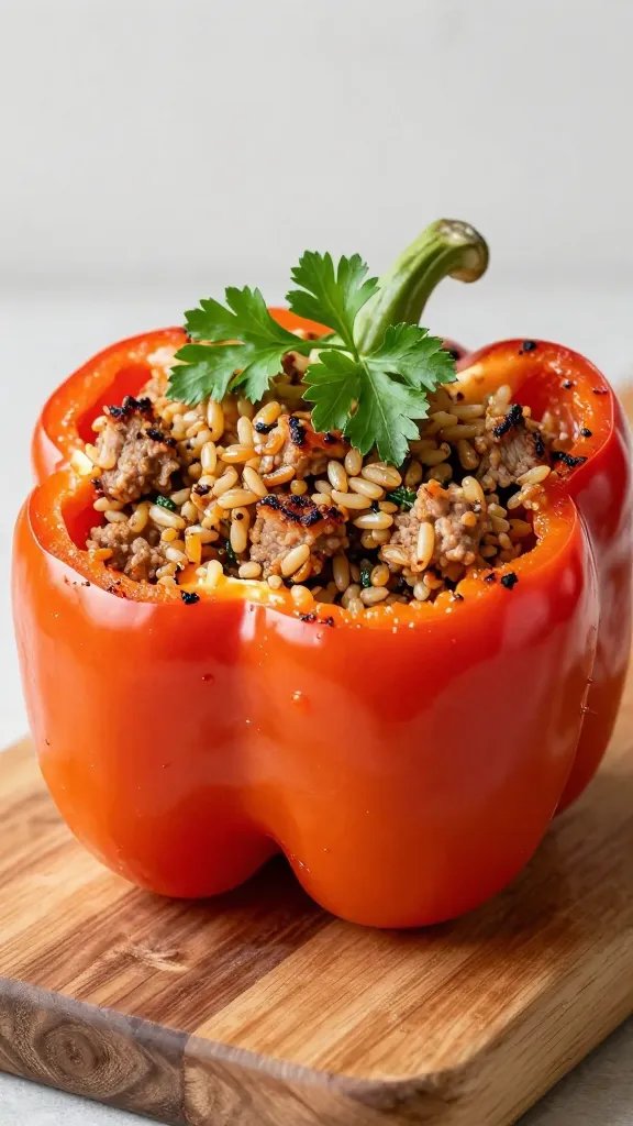 Create a hyper-realistic, high-quality food photograph of a single large bell pepper cut open and stuffed with savory meatloaf crumbles mixed with grains (rice or quinoa), arranged on a rustic wooden cutting board. The pepper should form a bold circular shell with clearly defined inner segments and vibrant, saturated colors: glossy red or orange exterior, brilliant green parsley sprig resting on top for a fresh accent. The stuffed interior should display charred edges and moist texture with visible grains, herbs, and pepper juice glistening slightly. Soft, natural lighting from the side to emphasize color contrast, with a shallow depth of field that keeps the stuffed pepper in sharp focus while gently blurring a simple, neutral background. No text, no logos, just the plated dish presented as a wholesome, hearty main course.