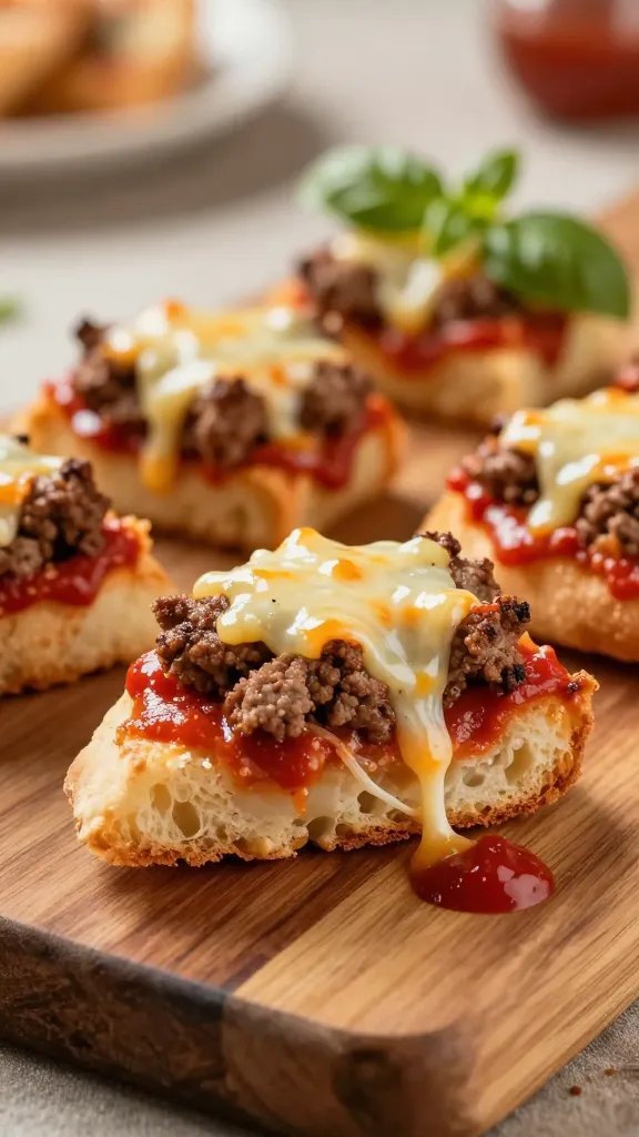 Create a hyper-realistic, high-resolution food photography shot of a plated meatloaf pizza bite centerpiece. The main subject is a single bite-sized meatloaf pizza bite, featuring a crisp, golden-brown crust base with a thin layer of tomato sauce, topped with crumbled meatloaf, melted stringy cheese, and a glossy glaze that makes the cheese gleam. Position the bite angled slightly toward the camera to emphasize depth, with a few delicate threads of melted cheese stretching between bites. Surround with an artfully composed assortment of additional bite-sized pizza pieces on a rustic wooden board, a light drizzle of marinara around them, and a small sprig of fresh basil for color contrast. Use warm, inviting lighting to highlight textures: the crispy crust, juicy meatloaf crumble, and gooey cheese. Background should be softly blurred (bokeh) with neutral tones to keep the focus on the meatloaf pizza bite. No text or logos on the image.
