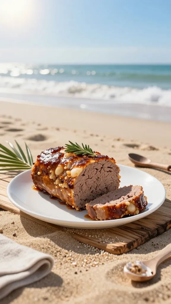 A high-resolution, photorealistic food photography scene featuring a plated loaf-shaped meatloaf styled as a beach rock resting on a warm sandy shore. The meatloaf should be sliced to reveal a tender, juicy interior with a lightly glazed exterior, and garnished with a few Mediterranean herbs. Surround the plate with subtle beach elements: a sun-bleached wooden board or white ceramic plate on pale sand, tiny grains clinging to the edges, a gentle wave break in the distance with soft sea spray, and a bright sun high in a clear blue sky casting warm, natural lighting and soft shadows. Add minimalist beach accents: a couple of palm leaves tucked near the plate for decorative contrast, a simple folded linen napkin in sand tones, and a small, tasteful prop such as a seashell or a driftwood spoon to reinforce the seaside theme. Ensure the composition emphasizes the meatloaf as the main subject, with a shallow depth of field to softly blur the background waves while keeping the loaf and plate in sharp focus. No text on the image.