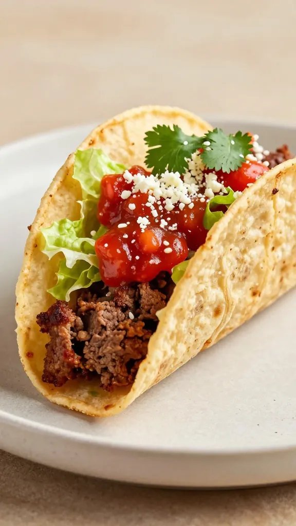 Create a hyper-realistic, high-resolution food photograph of a single meatloaf taco fiesta as the main subject. The scene features a soft, warm-toned corn tortilla shell gently curved and inviting, cradling crumbly, browned meatloaf pieces that peek through with juicy texture. Top with a vibrant scoop of bright red salsa, a drizzle of tangy sauce, and a handful of fresh, crisp lettuce for crunch. Garnish with a handful of fresh cilantro leaves scattered on top and a light dusting of crumbled queso or cotija to add specks of white. Plate on a clean, neutral stone or wooden surface with subtle, natural lighting that highlights the glossy salsa, the texture of the meatloaf, and the crisp edges of the tortilla. Include shallow depth of field to keep the taco in sharp focus while softly blurring the background, ensuring no text is visible on the image.