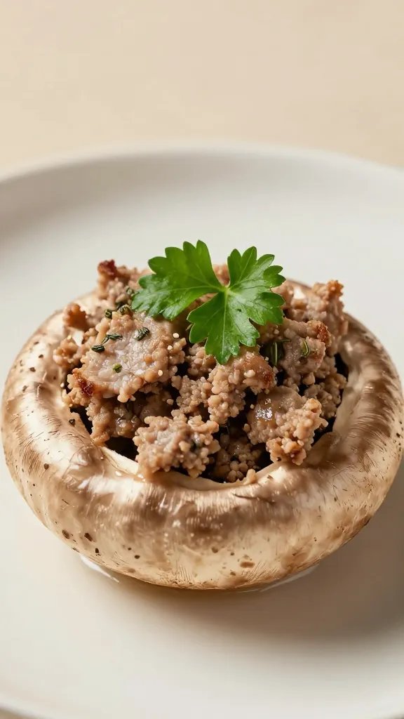 Create a high-resolution, realistic food photograph featuring a single large mushroom cap as the focal point, filled with crumbled meatloaf and a light garnish. The mushroom should dominate the composition with a curved, domed cap and visible gills underneath to add texture. The meatloaf filling should be finely crumbled, moist, and lightly browned, with subtle herbs visible (e.g., parsley, thyme) integrated into the filling. A delicate sprig of parsley sits atop the center of the filling for a fresh pop of green. Plate style: elegant yet approachable, on a neutral, softly lit background (warm taupe or off-white) with minimal garnish or props to keep the focus on the mushroom centerpiece. Use natural light to enhance textures—the cap slightly glossy from its juices, the meatloaf crumbed and crumbly around the edges. No text on the image.