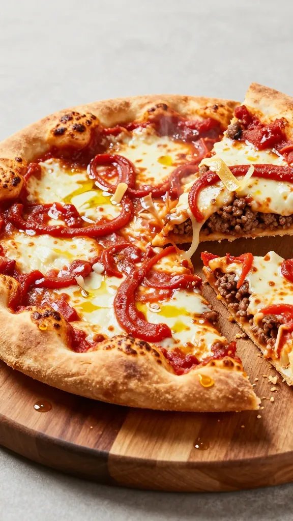 Generate a ultra-realistic, high-quality photo of a Meatloaf Bake-A-Ral Matzo Crust Pizza: a thick, rounded meatloaf crust baked into a pizza shape, baked golden-brown with a slightly glossy surface. The crust should be visibly substantial, with a .5–1 inch thick edge. Top with scattered swirls of bright red tomato sauce, melted stringy mozzarella, and a few shimmering cheese wisps. One slice is gently pulled away to reveal a tender interior showing a dense, meaty texture with hints of seasoning. The scene is plated on a rustic wooden board with a few matzo crisps baked into the crust edges for texture, and a light drizzle of olive oil catching the light. Include natural, warm lighting that highlights the glossy crust, subtle steam rising, and a clean, neutral background to keep focus on the pizza. No text, logos, or branding visible.