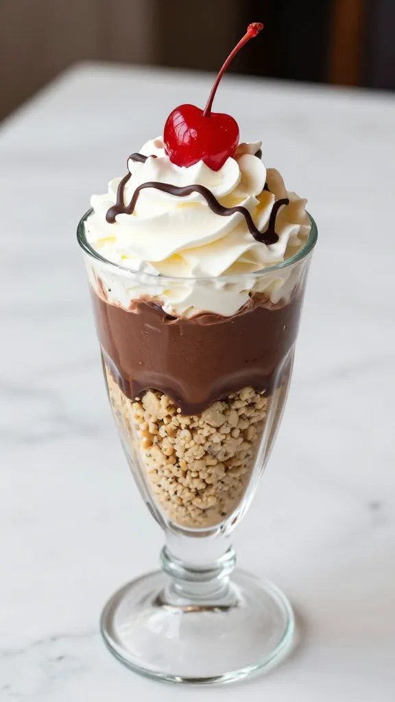 A hyper-realistic, high-quality food photograph of a tall parfait glass set on a pristine white marble surface, featuring alternating layers that playfully blend savory and dessert themes. From bottom to top: a delicate, crumbly light meatloaf crumble layer with tiny herb flecks for subtle color, a thick, glossy dark chocolate mousse layer with a velvety sheen, and a light, airy whipped cream topping. A single glossy red cherry perched on the whipped cream, with a slender chocolate drizzle weaving over the top edge of the glass. The glass is transparent, showing the distinct, even layering, and the background is softly blurred to emphasize the parfait’s textures. Crisp lighting highlights the mousse’s sheen, the crumble’s crumbly texture, and the whipped cream’s peaks, creating a playful yet sophisticated presentation that clearly references the article’s theme of a dessert twist on meatloaf. No text or logos on the image.