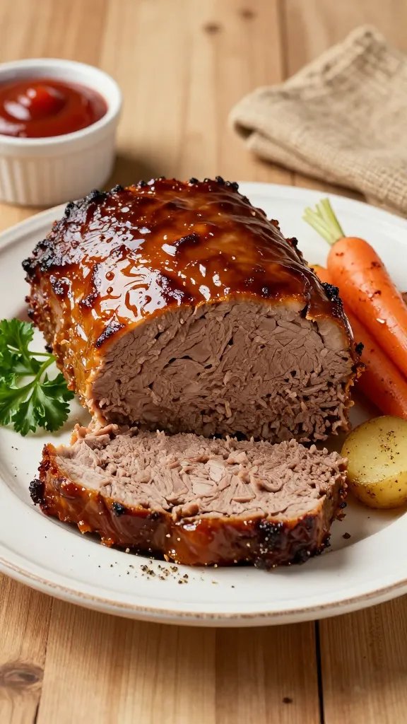 Create a hyper-realistic, high-quality food photography image featuring a classic Cracker Barrel-inspired meatloaf served on a rustic, white ceramic plate. The meatloaf should be the central, dominant subject, sliced to reveal a tender, moist interior with a glossy caramelized glaze forming a slightly crisp crust on top. Surround the loaf with a soft, shadowed background that hints at homestyle charm: a lightly textured wood table, a burlap or linen napkin at the side, and a small ramekin of extra glaze or ketchup with a subtle shine to emphasize moisture. Include a few simple garnishes to enhance color and depth: a sprig of fresh parsley, a few roasted baby carrots and potatoes arranged casually nearby, and a delicate dusting of cracked black pepper on the plate’s edge. Lighting should be warm and inviting, coming from the top left to create gentle highlights on the glaze and a subtle sheen on the meat’s surface. The composition must feel comforting and homestyle, evoking Cracker Barrel’s classic dining experience. The image should be a single, coherent frame with no text or logos, focusing on the meatloaf as the main subject, framed to allow the viewer to feel as if they could slice into the plate. Depth of field should softly blur the background while keeping the meatloaf and its glaze sharply in focus, capturing texture detail: the glaze’s glaze-gloss, the tender crumb inside, and the rustic plate rim. Color palette: warm browns, creamy whites, and earthy greens from parsley, with natural wood tones. Ensure no clutter beyond the set elements and maintain a clean, premium, print-ready photographic aesthetic suitable for a cookbook or coloring-page reference image.