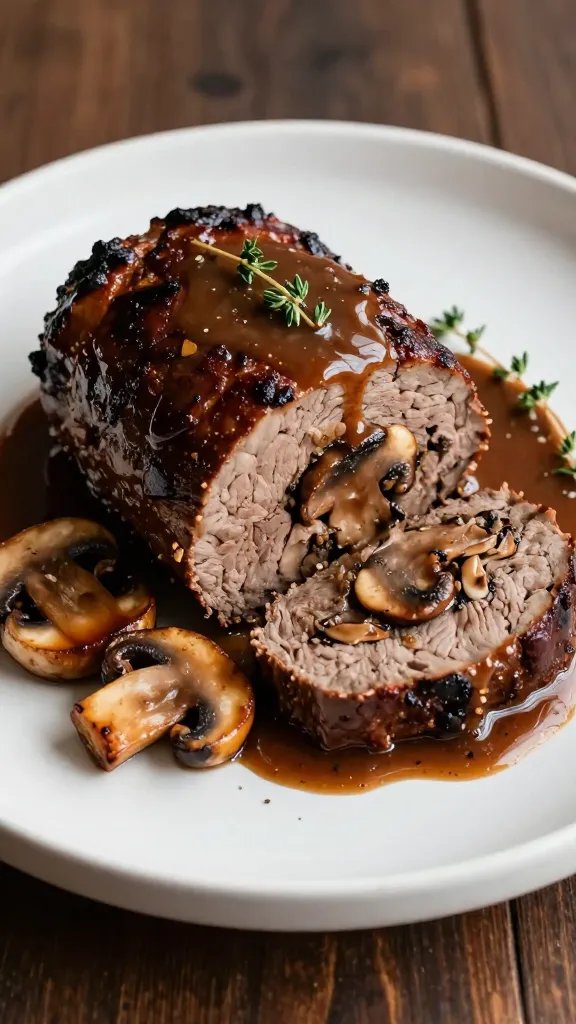 Create a hyper-realistic, high-resolution food photography image of a saucy mushroom-wedge meatloaf served on a rustic white plate with a glossy, savory glaze pooling around the edges. Position the meatloaf as the central, main subject, elegantly sliced to reveal a moist, dense interior studded with sautéed mushroom bits and herbs. Surround it with a few caramelized mushroom wedges arranged in a gentle crescent on one side, and a small drizzle of rich mushroom gravy artfully cascading from the top, creating a light gloss and inviting sheen. Include a subtle garnish of fresh thyme sprigs and a whisper of cracked pepper to add color contrast and texture. The plate should rest on a dark, textured wooden surface with warm, natural lighting that highlights the meatloaf’s depth of color—from deep mahogany crust to lighter, succulent interior—without any text or branding. Capture a close-up, slightly angled perspective (around 45 degrees) to emphasize the meatloaf’s rustic yet refined presentation, with crisp edges on the glaze and a tender crumb visible through a clean cross-section. Ensure the image communicates comfort and modern refinement, suitable for a premium recipe feature, while maintaining a clean, uncluttered composition that keeps the focus squarely on the saucy mushroom-wedge meatloaf and its glossy, inviting sauce.