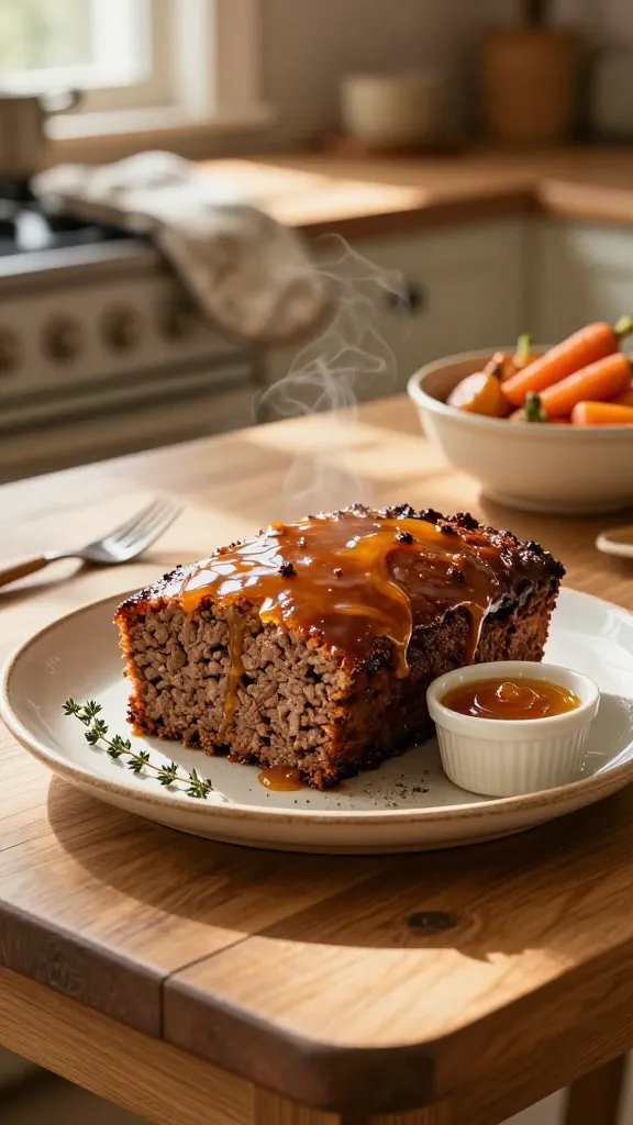 Capture a warm, nostalgic kitchen scene centered on Grandma’s Sweet-Smoky Meatloaf Glow. A homey wooden kitchen table sits near a window with soft morning light casting gentle shadows. In the foreground, a perfectly shaped meatloaf loaf sits on a rustic ceramic platter, glazed with a glossy caramel-brown glaze that hints at sweetness and a subtle smoky glaze. The loaf is sliced to reveal a juicy, tender interior with a slightly crumbly texture, steam rising to convey warmth. A small ramekin of bright glaze glaze sits beside it, with a thin drizzle artfully smeared across the top of the loaf, creating an inviting sheen. Surround the plate with a simple, elegant garnish: a few sprigs of fresh thyme and a delicate dusting of coarse black pepper to emphasize contrast. In the background, include a vintage, slightly worn oven mitt draped over the edge of the stove and a handcrafted ceramic bowl filled with softly roasted vegetables (carrots and parsnips) bathed in amber-tinged sunlight. A shallow depth of field should keep the meatloaf as the focal point, with the glaze’s glossy surface catching the light and reflecting warm hues. The color palette should emphasize warm tones—candied amber, golden browns, and soft creams—evoking homey nostalgia. Use natural textures: wood grain, ceramic glaze, and the gentle grain of the table to add depth without clutter. The overall mood is comforting and familial, suitable for a wholesome, color-rich food photograph that conveys Grandma’s sweet-smoky meatloaf as the star of a cozy Sunday dinner. Camera settings suggestion (for realism): shoot with a 50mm lens, aperture around f/4 to keep the meatloaf sharp while softly blurring the background, ISO 100-200, white balance tuned to warm sunlight. Lighting should be natural or softly mimicked studio light from the side to create gentle highlights on the glaze and subtle shadows that add depth. No text or logos in the image.