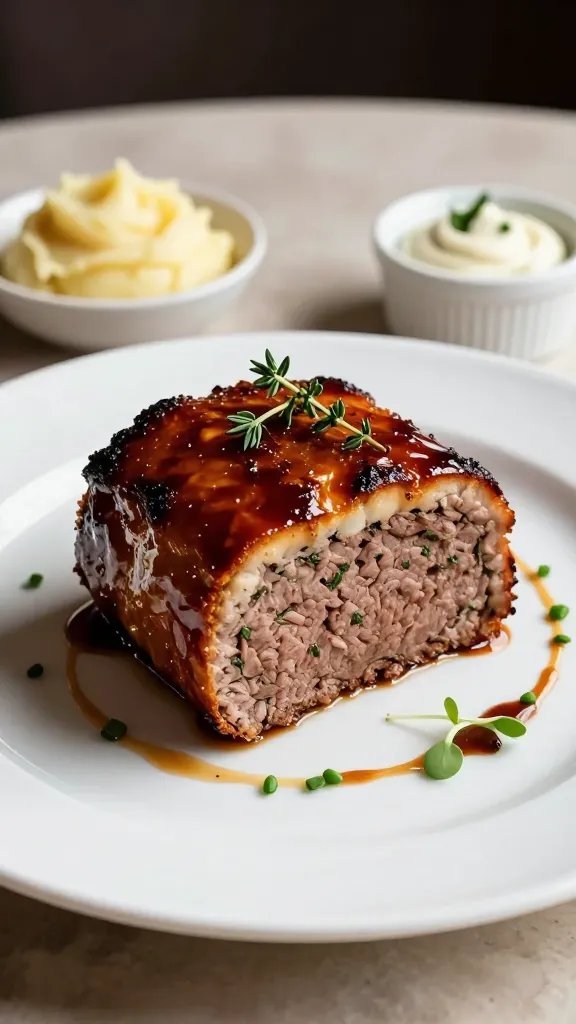 Create a hyper-realistic, high-contrast photograph of a Speedy Weeknight Meatloaf plated to look gourmet and refined. The composition centers on a perfectly shaped, glossy meatloaf half-slice presentation: a thick, caramelized crust with a delicate mahogany glaze, sliced to reveal a tender, juicy interior speckled with herbs. Place the meatloaf on a pristine white ceramic plate with a subtle, elegant edge, accented by a minimalist drizzle of rich glaze around the base and a light dusting of finely chopped chives for color. Surround the plate with a simple, uncluttered backdrop: a soft, neutral-toned tablecloth or wooden tabletop, and a single small ramekin of smooth mashed potatoes or a delicate herb aioli placed to the side for contrast. Lighting is warm and studio-grade, casting gentle highlights on the crust to emphasize texture and moisture, with shallow depth of field to keep the meatloaf as the focal point while softly blurring the background. Include subtle, tasteful garnishes—one crisp herb sprig (such as thyme) resting atop the loaf and a few microgreens scattered nearby—for a refined, restaurant-quality presentation. The scene should embody a quick, elegant weeknight meal that feels luxurious yet accessible, suitable for a premium dinner setting. No text, no logos. The image should be photorealistic, with meticulous attention to crust texture, glaze shine, and the contrast between the moist interior and crisp exterior, framed to highlight the main subject and maintain a clean, uncluttered composition.