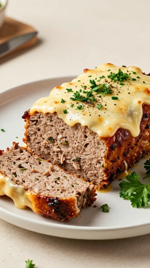 Create a hyper-realistic, high-resolution food photography prompt focused on a Cheesy Parsley-Pepper Meatloaf as the main subject. The scene features one plated dish centered on a clean, neutral background to ensure the meatloaf remains the focal point. The meatloaf should be sliceable into even, thick portions, revealing a moist, tender interior with a golden-brown crust that glistens slightly from a light glaze. Garnish generously with finely chopped bright green parsley and freshly cracked black pepper visible on the top surface. A thin rim of melted cheese should oozily crown the loaf, with small wisps of melted cheese strands catching subtle highlights. Surround the meatloaf with a minimal, elegant presentation: a simple white or light-gray plate, a few fresh parsley sprigs arranged to the side, and a delicate drizzle of a glossy jus or gravy that adds depth without overpowering the main subject. Include subtle, natural textures: the crumb of the meatloaf showing a fine, even grind, tiny flecks of herbs throughout, and a soft crust to contrast with the tender interior. Lighting is natural and directional from the side to create gentle shadows that emphasize the meatloaf’s height and the cheese’s melt. The color palette should be warm—creamy cheese, vibrant green parsley, and the rich auburn-brown crust—against a clean, uncluttered backdrop. Shoot at a slight three-quarter angle to reveal both the top cheese layer and the loaf’s side profile. The composition should be uncluttered with ample negative space to keep focus on the dish, and the image should resemble a high-end restaurant food shot suitable for a cookbook or marketing materials. No text or logos anywhere in the scene. Maintain a tight framing that highlights the main subject with an emphasis on texture, color, and gloss of the meatloaf and cheese. Include a faint, out-of-focus secondary element in the background only if it subtly enhances depth (e.g., a wooden cutting board edge or a blurred knife) but keep it secondary and not distracting. The final image should read as a realistic, mouth-watering meatloaf ready to serve, with clear emphasis on the cheesy, parsley-kissed presentation.