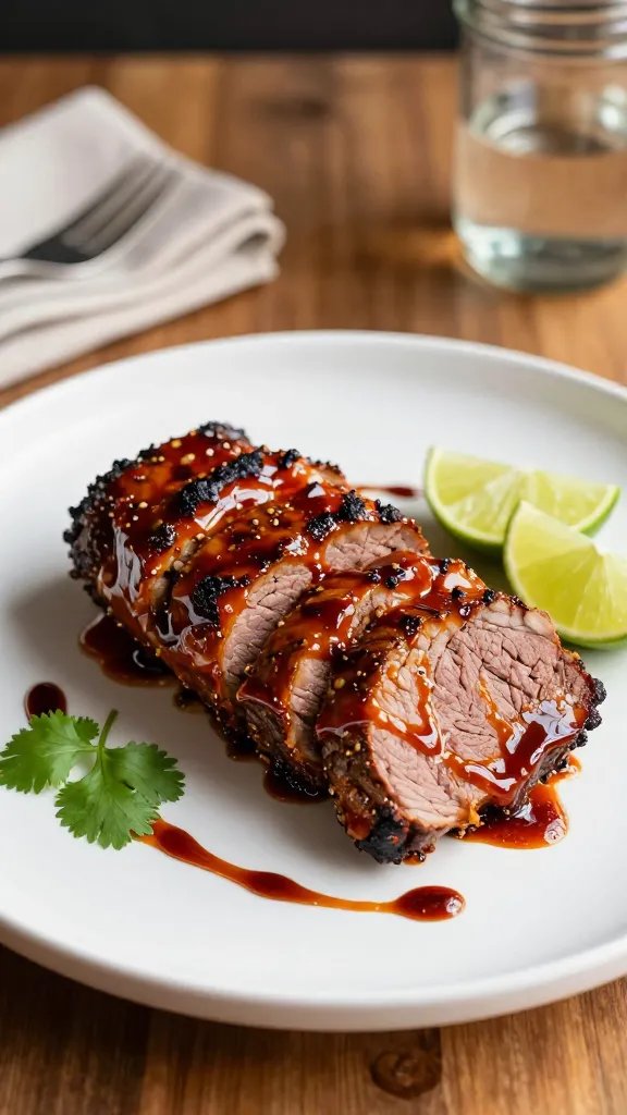 Create a hyper-realistic, high-resolution food photo of a plated Spicy Chipotle-Glow Meatloaf dish, centered with a single, perfectly shaped slice cut to reveal a juicy, tender interior, glazed with a glossy chipotle-kissed glaze that glows with a warm amber-red hue. Plate the meatloaf slice on a clean, white ceramic plate with a subtle, wide-rimmed edge to emphasize negative space. Surround the meatloaf with a minimalist garnish: a delicate drizzle of smoky chipotle glaze in a sinuous, artful line, a small sprig of fresh cilantro for a pop of green, and two evenly spaced lime wedges to hint at brightness and acidity. In the background, softly blurred, include a shallow depth-of-field scene suggesting a family dinner setting: a wooden table with natural grain, a folded linen napkin in a neutral tone, and a faint outline of a mason jar drinking glass to convey warmth and homeliness without clutter. Lighting is warm and cinematic, coming from the upper left to create gentle highlights along the ridges of the meatloaf and to enhance the glaze’s sheen, while maintaining natural meat textures and crumb. The meatloaf should have a slightly charred crust with visible peppered herbs, and the glaze should appear glassy and resinous, catching light to emphasize its chipotle glaze. Ensure the color palette highlights rich browns, smoky reds, and a touch of golden glaze, balanced by the fresh green cilantro and pale lime wedges. The composition should be clean and uncluttered, with the meatloaf slice as the sole focal point, occupying the center of the frame and framed by ample negative space to allow for crisp, high-contrast details suitable for magazine-quality food photography. No text or branding on the image.