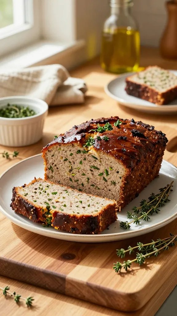 A high-resolution, photorealistic image of a rustic herb-infused meatloaf resting on a wooden countryside kitchen counter. The loaf has a sturdy, caramel-brown crust with a slight crackled texture, and is sliced to reveal a moist, herb-speckled interior with visible specks of fresh parsley, thyme, and sage. Surround the loaf with a minimal, sunlit scene: a warm, honey-toned wooden butcher block or rustic countertop, a small ramekin of glossy glaze brushed along the top edge of the loaf, and a few fresh sprigs of thyme and sage laid casually nearby. In the background, softly blurred kitchen elements suggest a harvest-day atmosphere—a woven linen cloth in warm beige, a mason jar of golden olive oil, and a simple ceramic plate with a single slice elegantly arranged. Lighting is bright and natural, streaming from a window off to the side, casting gentle shadows and highlighting the crust’s texture and the herb flecks within the meat. The composition should be clean and uncluttered, with the herb-infused meatloaf as the central focal point, occupying the lower two-thirds of the frame and presented on a rustic white dinner plate with a subtle edge detail to enhance contrast. Colors are warm and earthy—deep chestnut crust, pale to golden interior, emerald-green herbs, and the soft cream of the background elements. No text or logos, no extraneous objects, and no human figures. The overall mood conveys a sunlit, farmhouse kitchen during harvest season, inviting viewers to imagine slicing into a savory, herb-forward meatloaf.