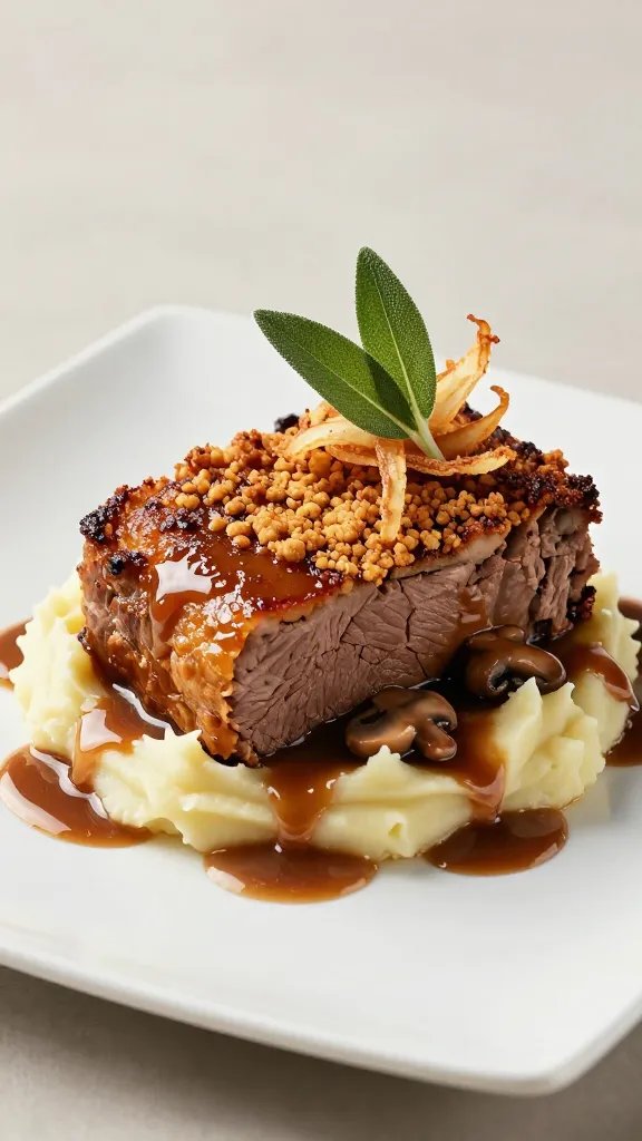 A hyper-realistic food photography prompt for a plated dish: Create a high-resolution, studio-lit image of a Crispy-Skirt Meatloaf with Crunch, focusing on a crusty, crackly top that crackles with every bite. The main subject is a thick, juicy slice of meatloaf showing a deeply caramelized, golden-brown crust with a visible, crunchy edge and a slight crackle texture, set on a pristine white rectangular plate. Surround the meatloaf with a small, artfully arranged bed of creamy mashed potatoes piped into soft peaks, and a glossy, rich mushroom gravy lightly cascading around the base to emphasize moisture and depth. Include a crisp garnish: a single Sage leaf and a delicate, thin shard of fried onion perched on the edge of the meatloaf to highlight texture contrast. The color palette should emphasize warm browns, caramelized ambers, and creamy whites, with subtle, natural shadows to enhance realism. Use a clean, uncluttered background in soft neutral tones (light gray or warm ivory) to ensure the focus remains on the meatloaf and its crunchy crust. The composition should be shot from a slight angle above (3/4 view) to showcase the top crust’s texture and the slice’s inner juiciness, with shallow depth of field so the meatloaf and garnish are in sharp focus while the background softly blurs. The lighting should be natural but controlled, simulating a daylight window setup to bring out the crackled top’s texture and the glaze’s sheen without harsh reflections. The plate should present a modern, minimalist feel, with negative space to balance the composition. No text on the image. The image should read as a premium, restaurant-quality food photograph that emphasizes the crusty, crunchy top and the appetizing interior of the meatloaf.