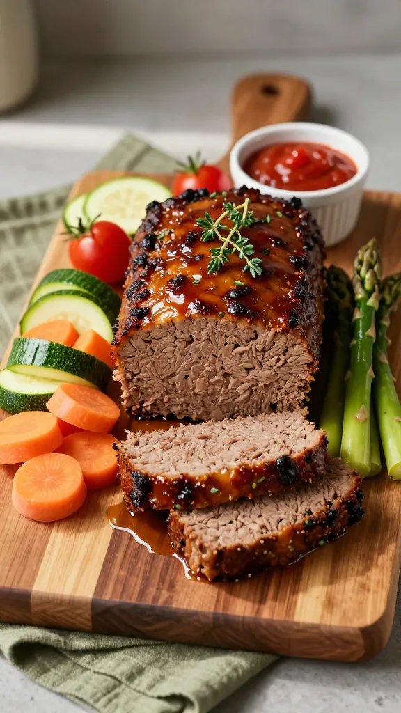 Create a hyper-realistic, high-resolution food photography scene featuring a garden-fresh veggie-boost meatloaf as the main subject. Centerpiece: a thick, slice-ready meatloaf loaf with a caramelized glaze and specks of finely chopped green herbs, surrounded by a vibrant medley of garden vegetables—bright orange carrot coins, emerald-green zucchini ribbons, ruby-red cherry tomatoes, and crisp, steamed asparagus spears—arranged artfully on a rustic wooden board with a subtle olive-green linen napkin underneath. Include a light drizzle of glaze pooling at the base to emphasize moisture and homemade depth. Place a small ramekin of tangy tomato glaze to the side and a sprig of fresh thyme atop the loaf for aroma and color contrast. The lighting should be natural, warm, and directional, coming from the left to create gentle shadows that highlight texture: the crusty exterior, the tender interior visible in a clean slice, and the gloss of the glaze. Use a shallow depth of field to softly blur the background while keeping the meatloaf and surrounding vegetables in sharp focus. Compose with a clean, uncluttered look, minimal props, and ample negative space to convey a premium, restaurant-quality plated presentation. Camera angle: a slightly elevated top-down perspective (about 45 degrees) to showcase both the meatloaf cross-section and the colorful veggie companion array. Color palette should emphasize earthy browns of the loaf, vivid greens, reds, and oranges of the vegetables, and the warm wood tones of the board. Ensure no text is visible in the frame. - End with a single, cohesive culinary shot that feels approachable yet elevated, suitable for a cookbook or restaurant feature.