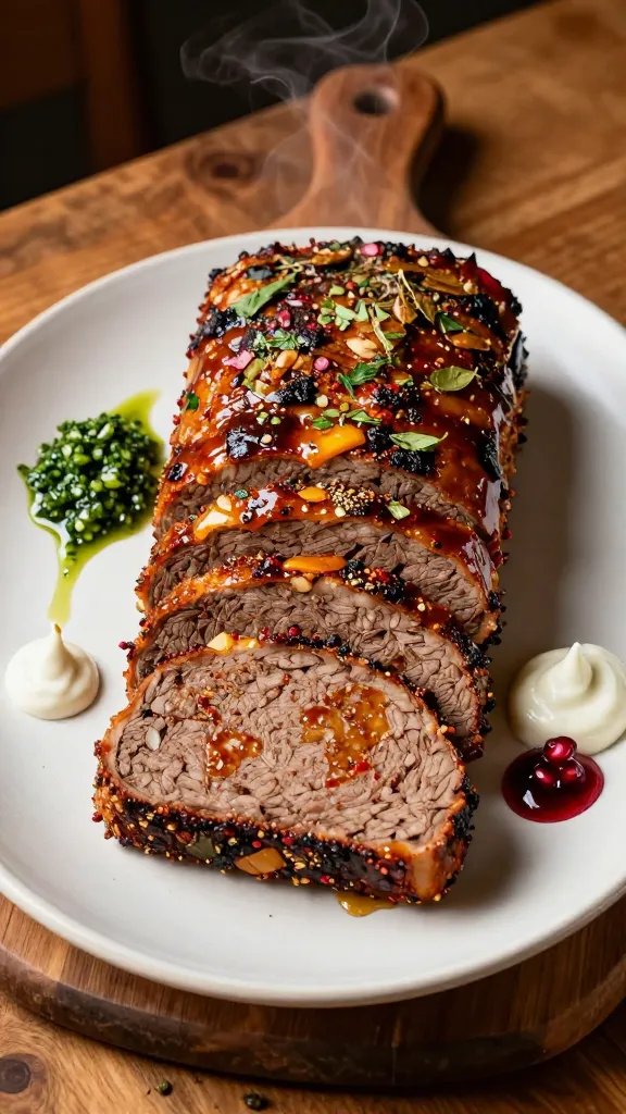 Create an ultra-realistic, high-resolution food photography scene for a “Global-Flavor Meatloaf Parade.” Centerpiece is a thick, artisan-style meatloaf loaf sliced into even, glossy rounds, arranged on a long, rustic wooden board. The meatloaf should showcase a mosaic of globe-inspired ingredients visible in the crust: specks of cumin, paprika, coriander, minced garlic, finely chopped herbs, and flecks of red pepper to imply a world-spanning spice blend. Surround with three carefully chosen accompaniments that emphasize global flavor in a clean, uncluttered composition: a small drizzle of glossy chimichurri (green parsley-garlic sauce) on one side, a delicate dollop of tangy pomegranate glaze on another, and a minimalist quenelle of saffron-yogurt sauce on the third. The plate should be a simple, off-white ceramic with a wide rim to frame the loaf, set on a warm-toned wooden table that adds rustic texture without crowding the scene. Lighting is soft yet directional from the upper left, creating gentle shadows that highlight the loaf’s juicy interior and the sheen on the glaze. Use a shallow depth of field to keep the meatloaf and its immediate garnishes in sharp focus while softly blurring the background. The color palette should convey bold, globally inspired flavors: rich browns and caramelized crusts of the meatloaf, emerald greens from herbs, amber glaze highlights, and pops of crimson from the glaze accents. Include subtle steam rising from the freshly baked loaf to imply warmth. The overall mood is gourmet and adventurous, inviting the viewer to imagine tasting a passport-worthy fusion of herbs and spices from around the world. No text on the image.