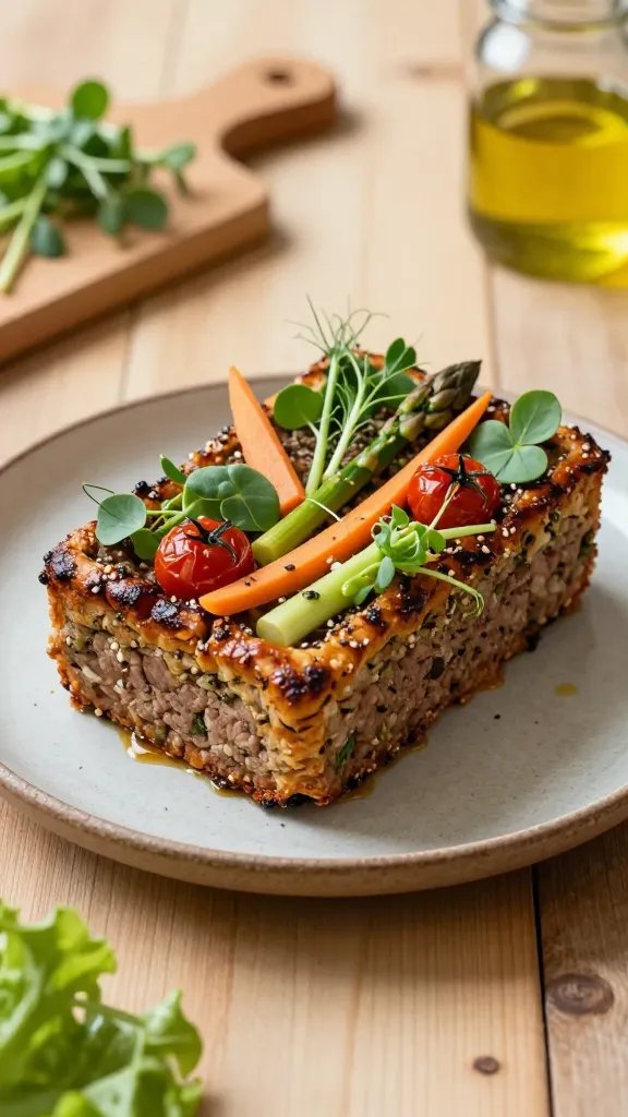 Create a hyper-realistic, high-resolution photograph of a Garden-Symphony Meatloaf with Veg Garden Crust as the main subject. Center the dish on a rustic ceramic plate with a slightly uneven, earthy glaze, set on a light wooden table that evokes a warm, natural kitchen vignette. The meatloaf should be a thick, loaf-shaped mound with a crackled, herb-dotted crust that resembles a tiny edible garden landscape: a mosaic of vibrant green pea shoots, delicate asparagus spears, thin carrot ribbons, roasted cherry tomatoes, and microgreens embedded into the crust as if sprouting from a miniature garden. The crust should appear caramelized to a deep golden-brown with specks of chia or sesame for texture, and small, glossy glazes of natural jus lightly pooled around the base. Arrange the scene with a soft, natural light source from the upper left, casting gentle shadows that accentuate the textures of the crust and fresh vegetables. Include subtle background elements that imply a kitchen garden: a blurred vinyl-coated cutting board with herb sprigs, a mason jar of olive oil, and a few loose leaves of lettuce peeking into the frame from the edge. Keep the composition clean and uncluttered with ample negative space around the plate to emphasize the garden motif. Use a shallow depth of field to keep the meatloaf and crust in sharp focus while softly blurring the background. Colors should be natural and vibrant: deep greens, bright citrusy orange from the carrot ribbons, and the warm amber tones of the roasted tomatoes, all balanced to convey an inviting, wholesome, garden-inspired presentation. Ensure no text appears in the image. The overall mood should be soothing, artistic, and nature-inspired, suitable for a gourmet catalog or culinary magazine feature. The main subject remains the Garden-Symphony Meatloaf with Veg Garden Crust, presented as a premium plated dish ready for close-up photography.
