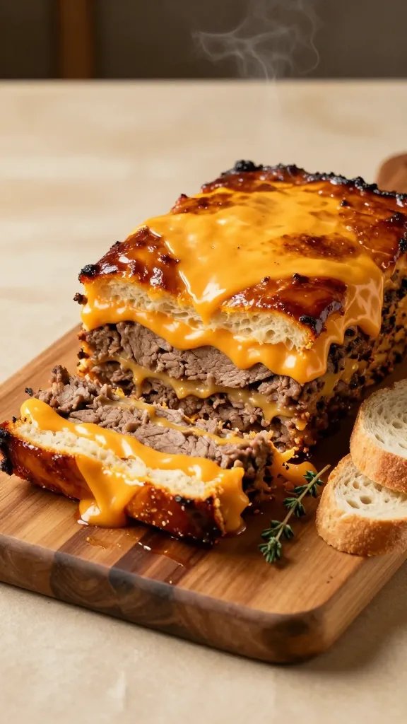Create a photorealistic, high-quality image of a Layered Cheddar-Crust Meatloaf as the main subject, presented on a warm, rustic wooden cutting board resting on a creamy parchment-colored table. The meatloaf should be shown from a slight oblique angle to reveal its multi-layered interior: a thick, dense loaf with a glossy, deeply caramelized cheddar crust on top and bright cheddar cheese visible in distinct, gooey layers peeking through the loaf’s edges. Slice cuts should expose alternating strata of tender meat and melted cheddar bands, with a few small, private wedges already cut to emphasize the layers. Surround the loaf with minimal garnishes to keep the composition uncluttered: a light drizzle of savory glaze pooled at the base, a tiny sprig of fresh thyme or chives for a pop of green, and a couple of rustic bread slices fanned neatly to the side. The lighting should be warm and directional, highlighting the melty cheddar, the crisp crown, and the succulent interior, with soft shadows that add depth without obscuring detail. The color palette should emphasize golden-brown crust, vivid orange-yellow cheddar layers, and the creamy interior, against natural browns and beiges of the board and table. The scene should convey a homey, crave-worthy plated dish suitable for a chef’s table or cookbook photography, with no text overlay or branding on the image. Include subtle steam wisps rising from the loaf to imply warmth, and ensure the meatloaf remains the undisputed focal point with a clean, uncluttered background.