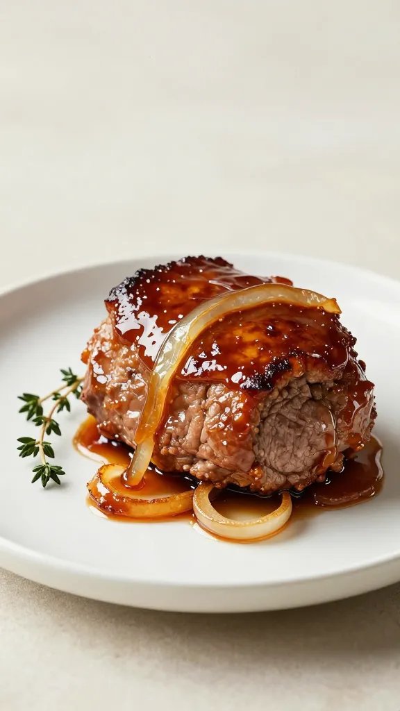 Create a realistic, high-quality photo-style prompt featuring a single main subject: a glossy sweet-onion glazed meatloaf centerpiece plated on a clean white ceramic platter. The meatloaf should be thick, roundish, with a deep caramel-brown crust and a radiant, translucent glaze that catches the light, highlighting a warm amber sheen from the caramelized onions. Arrange a delicate, thin ribbon of glaze cascading down one side of the loaf to emphasize the glaze’s shine. Surround the meatloaf with minimalist, artfully placed garnishes: a small sprig of fresh thyme and a few caramelized onion slices fanned lightly at the base, ensuring the presentation remains uncluttered. The background should be softly blurred page neutral (creamy-white or pale warm gray) to keep focus on the meatloaf. Use natural, diffused lighting from the top left to create gentle highlights on the glaze and a subtle shadow to anchor the dish. The plate should be simple and elegant, with a clean edge to enhance the premium feel. The composition must be centered and balanced, with ample negative space to evoke a coloring catalog aesthetic. Ensure the texture of the meatloaf is visible: slightly rugged crust, juicy interior peeking through, and a glossy glaze that reflects light without overexposure. The image should be a realistic, high-resolution photographic render suitable for a coloring-page conversion, but remains non-text-based and free of captions. No other objects or people in the frame. The final lighting, color grading, and contrast should emphasize warm caramel tones and the inviting sheen of the onion glaze, conveying a comforting, restaurant-quality finale.