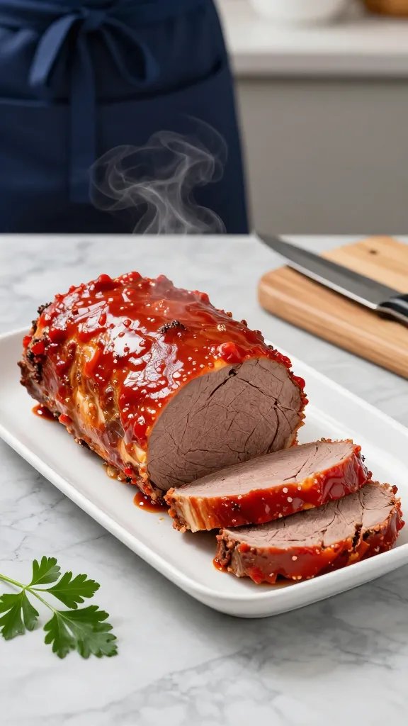 A studio-lit culinary fashion still-life featuring a perfectly sliced classic glaze-glory meatloaf plated on a white ceramic dish with clean edges, glistening tomato glaze, and steam rising subtly. Surrounding the loaf are small styling accents: a neatly tied navy apron resting at the edge, a wooden cutting board with a sharpened knife angled to show its edge, and a sprig of fresh parsley for bright green contrast. Background is a soft, neutral-toned kitchen setting with a light marble countertop and a shallow depth of field to keep the focus on the meatloaf. The composition emphasizes clean lines, museum-worthy slices, and a tactile texture contrast between glossy glaze and hearty interior, photographed at a slight top-down angle to showcase the loaf's even slices and glaze sheen. No text or branding on the image.