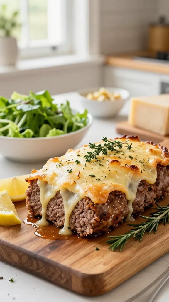 A warm, inviting kitchen scene set for a Sunday-family dinner, featuring a perfectly crusted meatloaf as the main subject. The meatloaf sits on a rustic wooden board, its crust a delicate, crackly cheese layer with melted strands of Gruyère peeking through, nestled on a glossy glaze that hints at richness. Surrounding the loaf is a bright, crisp green salad in a white ceramic bowl for contrast, with lemon wedges and a sprinkle of fresh thyme and rosemary sprigs to echo the herb crust. The backdrop includes a softly lit farmhouse kitchen with natural light streaming through a window, a small bowl of minced shallots, and a block of Parmesan nearby. A shallow depth of field keeps the meatloaf sharply in focus while the background items fade slightly, emphasizing texture: the cheese crust, the tender meat interior, and the crackle on the surface. The color palette is warm and comforting—creamy whites, golden crust, vibrant greens, and earthy herbs. No text on the image.