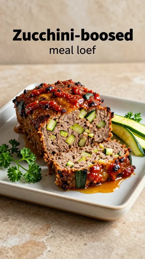 A high-resolution, editorial-style food portrait featuring a juicy zucchini-boosted meatloaf as the main subject, plated on a rustic square ceramic dish with a shallow glossy glaze. The meatloaf is sliced to reveal moist, tender interior studded with visible shreds of grated zucchini, with a light caramelized crust and a glossy, tangy BBQ or tomato glaze lightly brushed on top. Surrounding the loaf are subtle garnishes: fresh parsley sprigs for color, a few thin zucchini ribbons on the side, and a shallow pool of glaze on the plate. The scene is styled for a modern home-cook cookbook shoot: warm, natural lighting with gentle shadows, a muted stone or wooden backdrop, and a clean, uncluttered plate presentation. The main subject is the meatloaf itself, clearly titled by its appearance as the star of the composition, and the image conveys weeknight meal prep and hands-off roasting vibes without any text overlays.