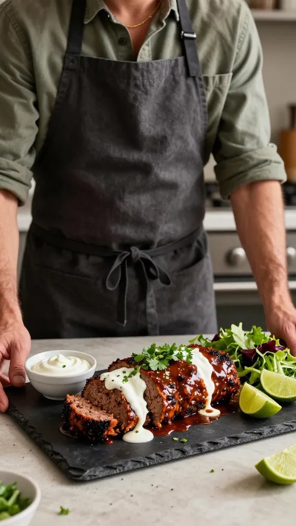 A high-resolution studio-style lifestyle photograph of a confident home cook presenting a plate of spicy chipotle meatloaf on a rustic, dark slate serving board. The main subject is a neatly sliced meatloaf centerpiece glazed with a glossy chipotle glaze, with a dollop of lime crema on the side and a sprinkle of finely chopped cilantro. Surrounding elements include lime wedges, a small bowl of lime crema, and a crisp green salad with mixed greens and cilantro for color contrast. The cook’s outfit exudes casual warmth: a fitted charcoal apron over a soft olive-green shirt, with subtle jewelry. Lighting is warm and slightly shadowed to highlight textures: the smoky crust of the meatloaf, the creamy lime crema, and the vibrant greens. The background is a clean, neutral kitchen counter with shallow depth of field to keep focus on the dish and main subject. The composition should feel inviting for taco night or game day, with no text or logos visible in the image.