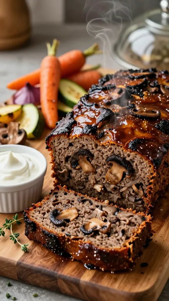 A high-resolution, editorial-style food portrait featuring a rustic loaf of Mushroom-Valley Meatloaf as the main subject, placed on a textured wooden cutting board. The loaf is thick, caramelized on the edges, with a glossy, savory glaze reflecting warm kitchen light. Surround with a cloche to one side, a small ramekin of sour cream or yogurt, and a sprig of fresh thyme for color. Include roasted vegetable medley (carrots, zucchini, and red onions) arranged in the background with soft, shallow depth of field. Lighting is warm and natural, simulating a cozy weeknight or intimate dinner party setting. The scene should feel luxe and comforting, emphasizing mushrooms and garlic as the core flavors, with a subtle halo of steam rising from a slice gently lifted to reveal a moist, dense interior. No text, no logos. Realistic photography, high-detail, true-to-life colors.