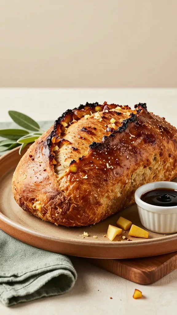 A high-resolution, studio-style food portrait featuring a rustic parsnip and sage loaf as the main subject, presented on a warm, earthy ceramic platter. The loaf should have a golden-brown crust with a glossy glaze hinting at a balsamic reduction, visible caramelized onions along the sides, and tiny specks of grated parsnip for texture. Surround the loaf with fresh sage leaves, a few grated parsnips scattered around, and a small ramekin of balsamic glaze to suggest the finish. Lighting is soft and natural, coming from the left to create gentle shadows and highlight the loaf’s moist interior and glossy glaze. Include subtle, festive touches such as a linen napkin in muted green and a small wooden cutting board underneath, implying holiday-ish weeknights or family gatherings. The subject should be shot from a slightly elevated angle to showcase the loaf’s height, the texture, and the glaze, with a clean, uncluttered background in warm tones to keep the focus on the dish. No text on the image.