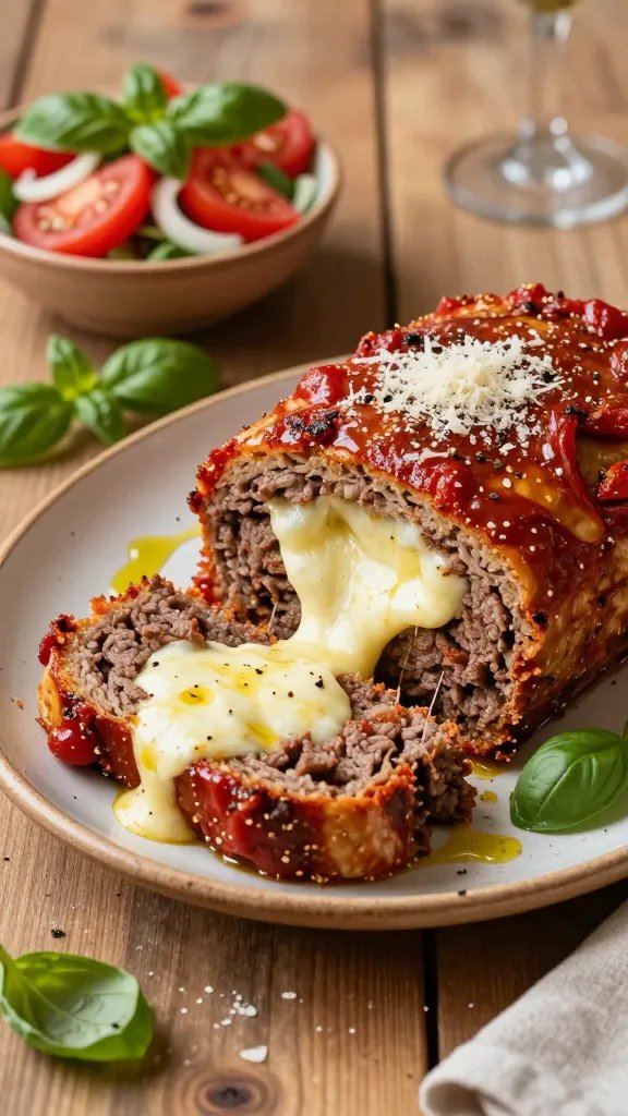A high-quality, hyper-realistic food photography shot of a freshly baked Italian-Style Meatloaf with Mozzarella Surprise, presented on a rustic wooden table. The loaf sits sliced open to reveal a gooey, molten center of melted mozzarella oozing slightly, with a glossy tomato glaze and specks of Italian seasoning visible in the meat. Surrounding elements include a drizzle of olive oil, a small bowl of bruschetta salad with bright tomatoes, basil, and onions, and a few torn fresh basil leaves for color. The plate is a warm ceramic platter with subtle glaze imperfections to enhance realism. Natural, soft daylight from the left creates gentle shadows, highlighting the juiciness and texture of the meatloaf and the stringiness of the mozzarella. A light dusting of grated Parmesan and a crack of black pepper add finishing touches. The scene conveys a cozy, home-dining vibe suitable for date night at home or a family Sunday, with the loaf resting 10 minutes prior to slicing, all without any text overlays in the image.