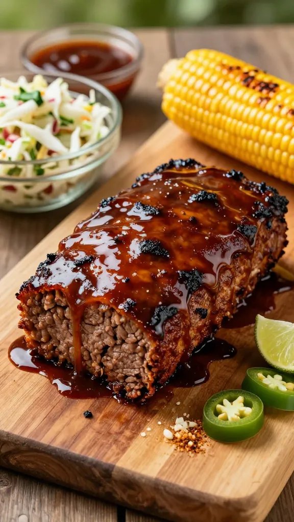 A high-resolution, hyper-realistic food photography scene featuring a sizzling Tex-Man-Style Meatloaf with BBQ Glaze as the main subject, placed on a rustic wooden cutting board. The loaf has a glossy, caramelized BBQ glaze that sticks to the edges, with a few caramelized drip highlights catching the light. Surround with warm, summery props: a charred corn on the cob on the side with a light butter sheen, a crisp crunchy slaw in a clear glass bowl, and a small ramekin of extra BBQ sauce. Include subtle accents like a lime wedge, a few chopped jalapeños (optional), and a sprinkle of onion and garlic powder off to the side for texture. Use natural, sunlit kitchen-larder tones to evoke a backyard dinner vibe; set under soft, diffused daylight with gentle shadows to emphasize the glaze’s gloss and the loaf’s juicy interior. The main subject should be centered, with a shallow depth of field to keep the meatloaf in sharp focus while the sides are softly blurred, giving a cinematic, food-styling plate that reads as a ready-for-table family dish. No text on the image.