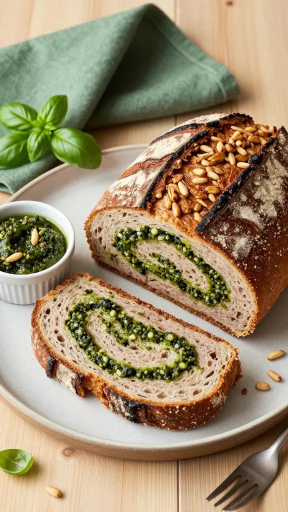 A high-resolution food fashion editorial shot featuring a rustic, artisanal loaf of pesto-filled meatloaf sliced to reveal a vibrant green pesto swirl running through the center. Plate the loaf on a matte ceramic dish with a slight rustic edge, set on a light-wood table. Surround with a few toasted pine nuts scattered artfully on the loaf and a small ramekin of extra pesto on the side. Style the scene with natural, soft lighting to highlight the marbled pattern and glossy surface. Include complementary props: a green linen napkin, a sprig of fresh basil, and a simple fork resting nearby. The image should feel modern yet cozy, suitable for a weeknight dinner feature, with a focus on the main subject—the pesto-filled meatloaf—presented as sophisticated and appetizing, no text.