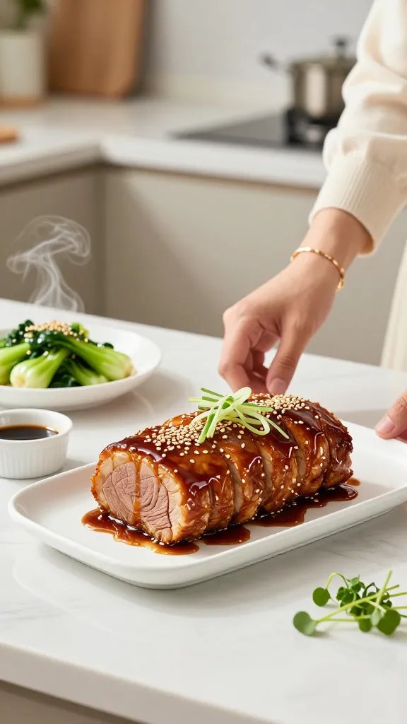 A hyper-realistic studio kitchen dinner scene featuring a beautifully plated Asian-Inspired Ginger-Scallion Meatloaf as the main subject, styled for a fashion-forward food editorial. The loaf sits on a white porcelain rectangular platter with a glossy sesame glaze, garnished with toasted sesame seeds and a few julienned scallions. Surrounding elements include a small ramekin of rice vinegar glaze drizzle, a steamy bowl of sautéed bok choy with sesame oil, and a delicate garnish of micro herbs. The lighting is bright and natural with a soft diffused fill, creating gentle reflections on the glaze and highlighting the meatloaf’s juicy texture. A model’s hand, wearing a sleek, minimalist cream sweater sleeve and a single gold bracelet, lightly gestures toward the dish as if presenting it, adding a fashion-photo editorial vibe without obscuring the food. The background features a clean white marble countertop and a subtle, warm-toned bokeh of a modern kitchen, ensuring the focus remains on the loaf. No text anywhere in the image.