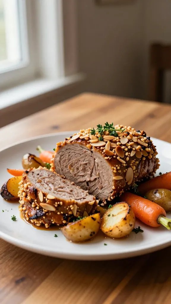 A high-resolution, candid-style food photography shot of a plated savory almond-crusted meatloaf centerpiece. The loaf has a golden-brown crust with visible crushed almond specks, sliced to reveal a moist interior. The plate is a rustic white ceramic, set on a warm wooden table. Surrounding the meatloaf are complementary roasted root vegetables (carrots, parsnips, and small potatoes) caramelized to a glossy finish, arranged in a semi-circle. Soft natural window light from the left creates gentle shadows and highlights the almond texture and herbs. Garnish with a delicate sprinkle of fresh thyme and parsley. The background is warm and neutral with a shallow depth of field to keep focus on the dish, conveying an elegant yet inviting dinner-party or intimate-date-at-home ambiance. No text on image.