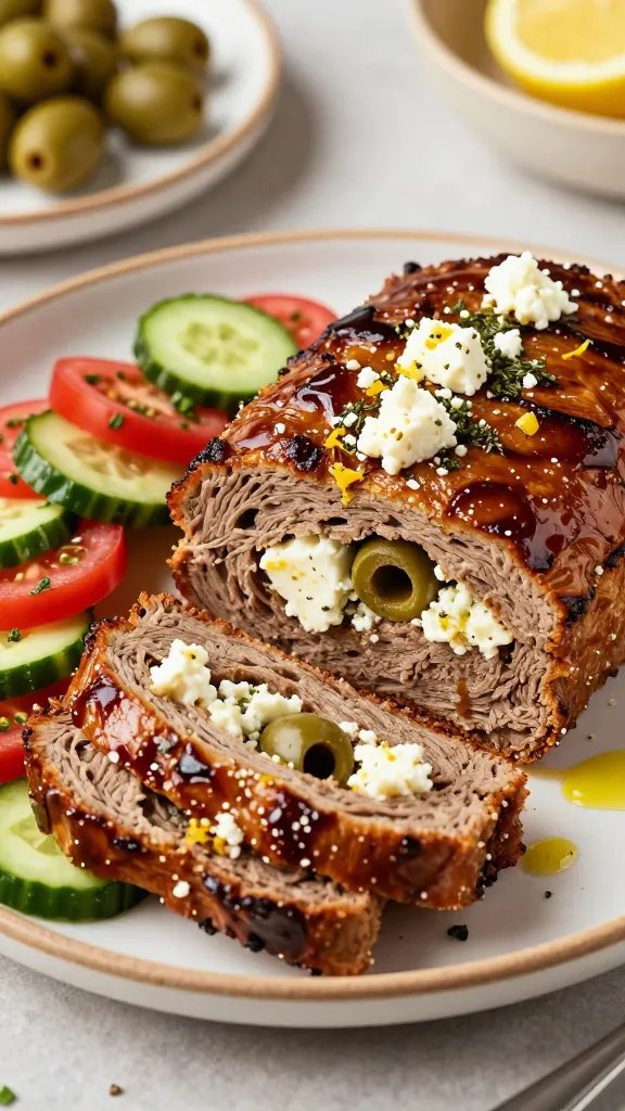 Create a high-resolution, editorial-style food photograph featuring a Mediterranean Olive and Feta Meatloaf as the central subject. Plate a thick, elegantly shaped loaf sliced to reveal pockets of crumbled feta and dark green olives visible within. Surround the slices with a bright cucumber-teta tomato salad tossed with minced herbs, arranged in a complementary, vibrant side. Use a warm, natural light setup to emphasize the glossy glaze and feta crumbles, with a shallow depth of field to softly blur the backdrop. Include rustic, sun-kissed ceramic dinnerware and a light drizzle of lemon juice over the meatloaf for brightness. Style notes: herbs (oregano) and lemon zest visible as garnish. The overall mood should feel sophisticated yet approachable, suitable for a fancy-weeknight dinner or Mediterranean-themed brunch. No text on the image.