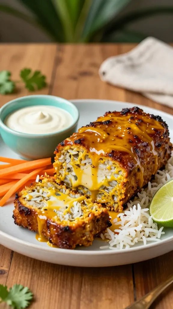 A high-resolution, photorealistic food styling shot of Coconut-Curry Meatloaf as the main subject, plated on a warm wooden table with a tropical, roasty vibe. Center the glossy, golden-brown meatloaf glazed with a light coconut-curry glaze, sliced to reveal a creamy interior. Surround with fluffy coconut rice, thin carrot ribbons, and a lime wedge for color pop. Include a small turquoise ceramic bowl of extra glaze/ sauce, a sprig of cilantro for garnish, and softly blurred background featuring a subtle tropical plant and a neutral linen napkin. Use natural, warm lighting to emphasize the glossy glaze, creamy coconut milk texture, and vibrant curry hues; capture from a slightly elevated angle (3/4 view) to showcase the loaf’s crust, interior, and accompanying sides. No text on the image.