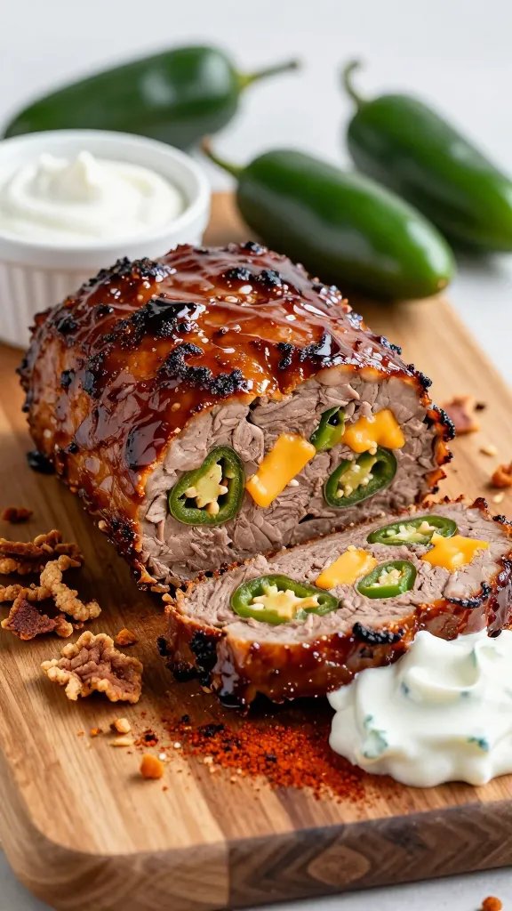 A high-resolution, studio-style food photography shot featuring a glossy, slab-like meatloaf infused with jalapeños, sliced to reveal vibrant green pepper specks and golden cheddar pockets, plated on a rustic wooden board with smoked paprika dust and a dollop of creamy yogurt-dill dip on the side. Surround the meatloaf with scattered crushed pork rinds used as a gluten-free breadcrumb substitute, a small ramekin of extra yogurt dip, and a few whole jalapeños for color. Include a soft, natural light setup to highlight the glossy glaze on the meatloaf and the contrasting textures of crust, cheese, and peppers. Use a shallow depth of field to keep the meatloaf in sharp focus while gently blurring the background. No text on the image.