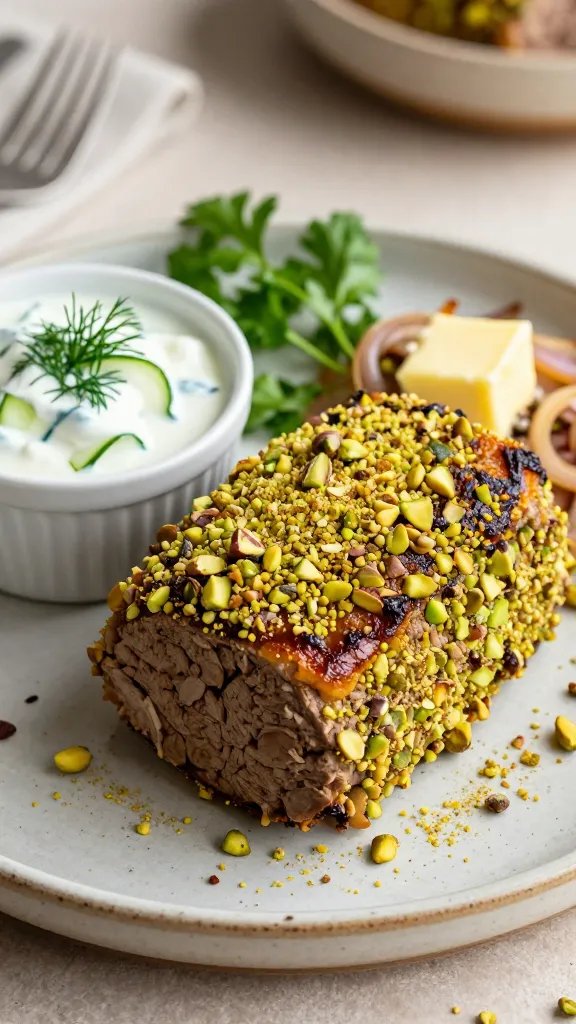 A high-resolution, cinematic food photography scene featuring a plated pistachio-crusted meatloaf as the main subject. The meatloaf sits on a rustic ceramic platter with a generous crust of finely crushed pistachios pressed into the top, edges caramelized to a golden brown. Surround the meatloaf with a small ramekin of cool, creamy yogurt-cucumber sauce garnished with a whisper of chopped dill and a few cucumber ribbons for color. Scatter a light dusting of toasted crushed pistachios around the plate for texture. Include a sprig of fresh parsley and a pat of butter melting beside sautéed onions visible in the background to hint at the preparation. Use warm, natural kitchen lighting with shallow depth of field to keep the meatloaf crisply in focus while softly blurring the background, evoking a cozy, stylish dinner party vibe. No text on the image.