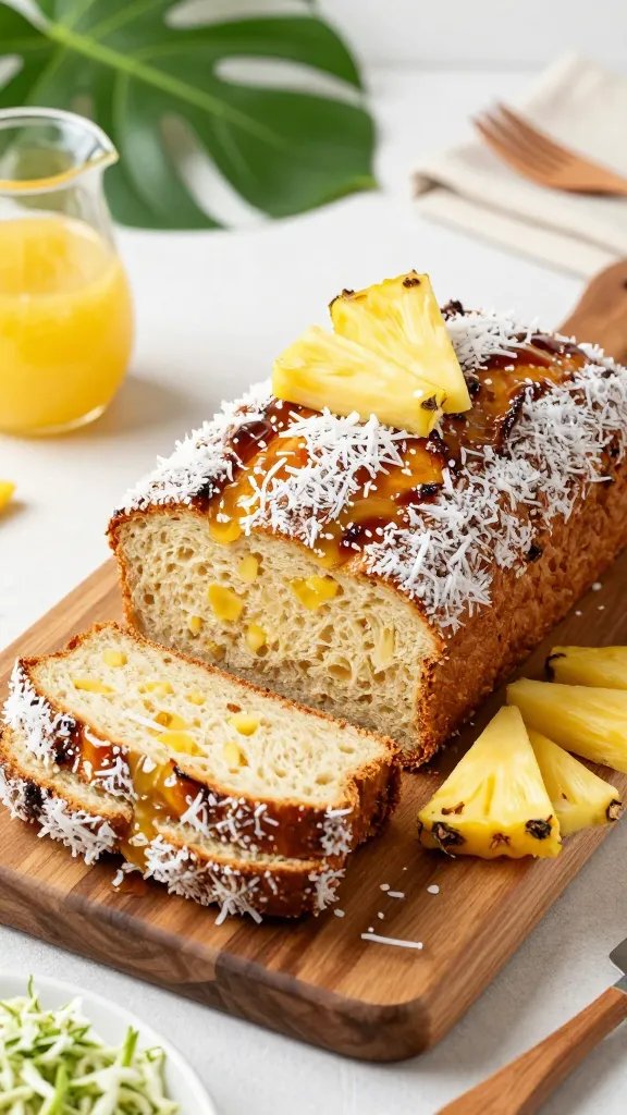 A photorealistic, high-fashion styled food portrait featuring a glossy, crusty loaf on a rustic wooden board, surrounded by tropical accents. The loaf is gluten-free and crusted with shredded coconut, glazed with a shiny pineapple-based glaze that hints at moisture and caramelization. Slice reveals a tender, dense interior with small bits of grated pineapple visible. Garnish with a delicate sprinkle of shredded coconut and a few fresh pineapple wedges for color. Compose in warm, natural lighting with a soft background blur, a clean white plate or slate backdrop, and a side of crisp, emerald-green slaw to balance the sweetness. Props: tropical leaf accents, a small pitcher of pineapple glaze, and a subtle summer dinner setting (linen napkin, wooden utensils). The main subject should be the loaf as the focal point, positioned slightly off-center for a dynamic culinary fashion-forward shot, with shallow depth of field to emphasize texture and glaze details. No text on the image.