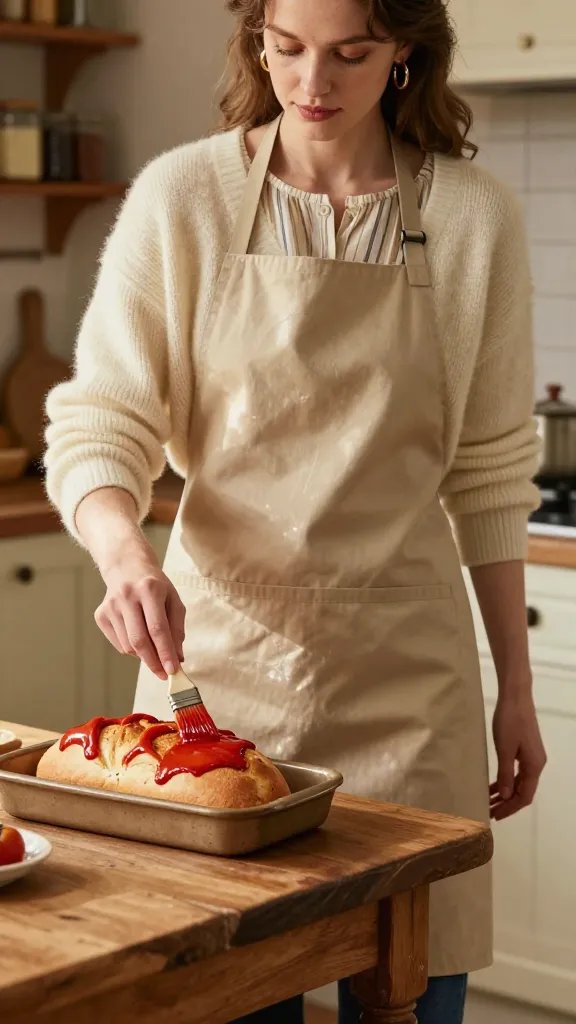 A warm, high-resolution fashion editorial portrait in a cozy kitchen setting, featuring a stylish woman as the main subject wearing a beige apron lightly fluffing around a cream cardigan over a striped blouse showing at the neckline, paired with dark-wash jeans and red loafers for a retro pop, accessorized with gold hoop earrings. The subject stands beside a vintage wooden kitchen island with a rich, glossy tomato glaze brush in hand, applying smooth, even strokes to a loaf placed on a rustic ceramic baking dish. Soft, natural studio lighting creates a gentle glow on the cardigan and glaze, highlighting the shine without pooling. The background shows warm-toned shelves with jars and a hint of tiled backsplash, conveying homestyle comfort. The overall mood is nostalgic, cozy, and slightly editorial, capturing the feel of a grandma’s Sunday dinner reimagined in modern fashion photography. No text.