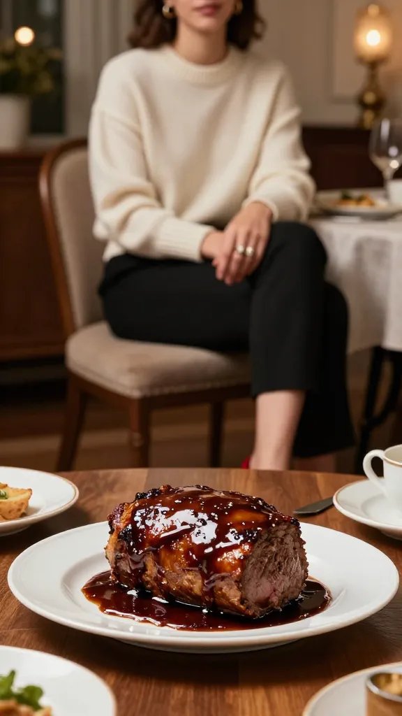 A high-resolution, studio-quality lifestyle photograph featuring a stylishly dressed main subject—the personification of a classic, elegant home-curnished dinner scene—centered at a softly lit dining table. The subject wears a cream knit sweater, black tapered pants, and red heels or flats depending on mood, with a statement ring as a subtle focal accessory, and simple stud earrings. In the foreground on a polished wooden table sits a glossy, perfectly glazed meatloaf loaf plated on a white ceramic dish, with a shimmering Worcestershire glaze that catches the light, drizzling slightly at the edges but not running. The plate is garnished minimally to keep the dish as the star. Surrounding elements include a neatly set table with muted, elegant dishware, a neutral table runner, and a warm, ambient bokeh background suggesting a cozy dinner-night-in atmosphere. The overall mood is intimate, sophisticated, and comforting, showcasing a restaurant-worthy finish in a home setting, with crisp, natural lighting that highlights the glaze’s sheen and the textures of the cream sweater and black pants. No text, no branding.