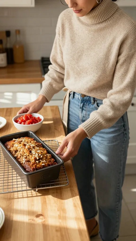 A warm, inviting kitchen scene featuring a stylish home cook as the main subject, dressed in a beige knit turtleneck, blue mom jeans, tan loafers, and silvery hoop earrings. The person stands near a wooden countertop with a loaf pan of oatmeal-omelet meatloaf cooling on a wire rack. Beside them, a small bowl of tangy tomato relish adds a pop of bright red. The oats in the loaf are visibly distinct, with a moist, sturdy texture. The lighting is soft and natural, with morning sun casting gentle shadows, creating a cozy, wholesome atmosphere perfect for casual family meals or weekly meal prep. A neutral-toned apron or simple kitchen decor complements the outfit without overpowering it, and the overall composition exudes approachable comfort and homey refinement.