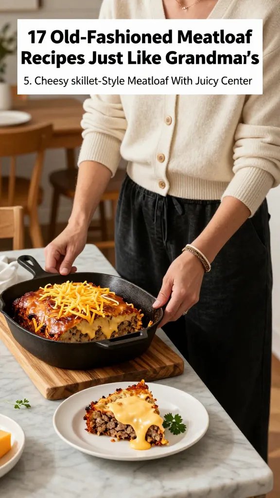 A realistic, high-quality photo of a stylish home dinner scene featuring the main subject implied by the article title "17 Old-Fashioned Meatloaf Recipes Just Like Grandma's" with a focus on the Jo title section "5. Cheesy Skillet-Style Meatloaf With Juicy Center." The main subject is a confident home cook presenting a golden-brown, slice-by-slice cheesy meatloaf, visibly oozing melted cheese in the center slice. The setting is a cozy, modern kitchen-dining nook with warm lighting. The cook, a person in their 30s-40s, wears a soft cream cardigan, black wide-leg pants, and white sneakers, complemented by a minimalist bracelet stack. They stand beside a cast-iron skillet resting on a rustic wooden cutting board atop a light marble counter. One slice is shown plated on a simple white dish with a small sprig of parsley for color. The scene includes a shredded cheese topping visible inside the loaf, a glossy glaze sheen, and a few cheese morsels slightly melted around the slice. The overall mood is comforting, casual, and brunch-ready, with natural textures like wood, ceramic, and metal, and soft, flattering studio-style lighting that highlights the creamy cheese center and the cozy outfit. No text on the image.